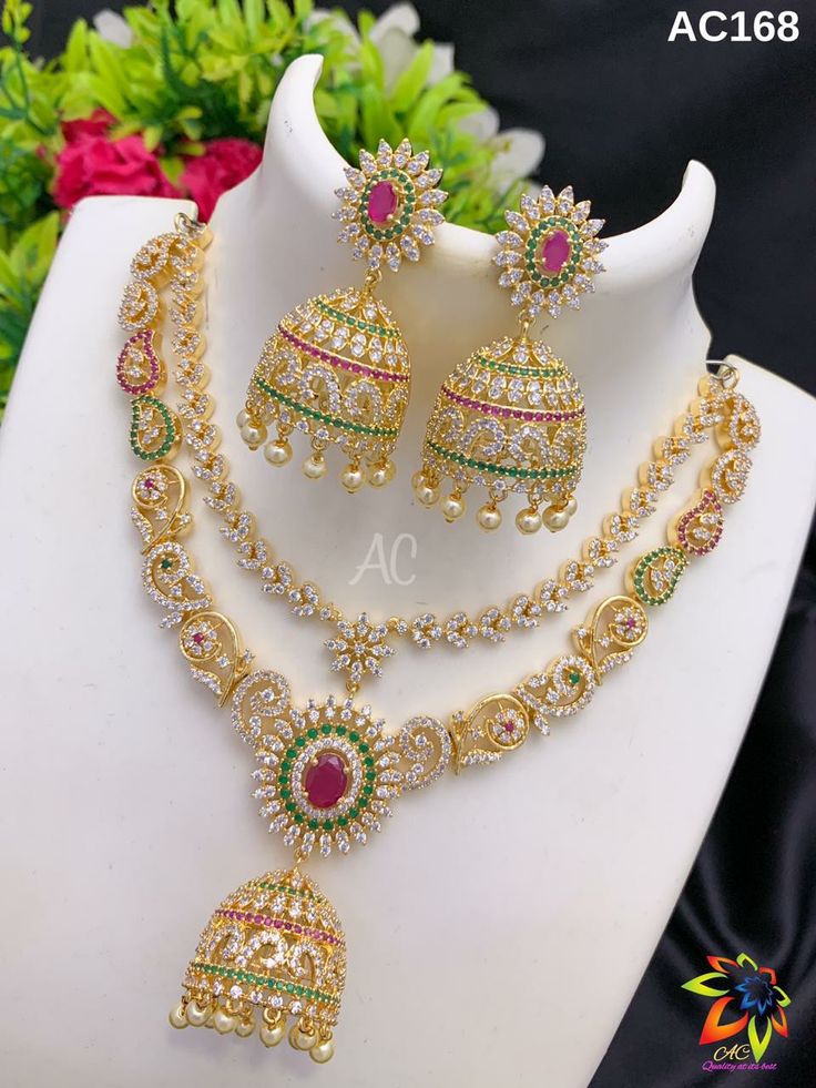 American Diamond Gold Cz Stone Pearl Choker Jhumka Set